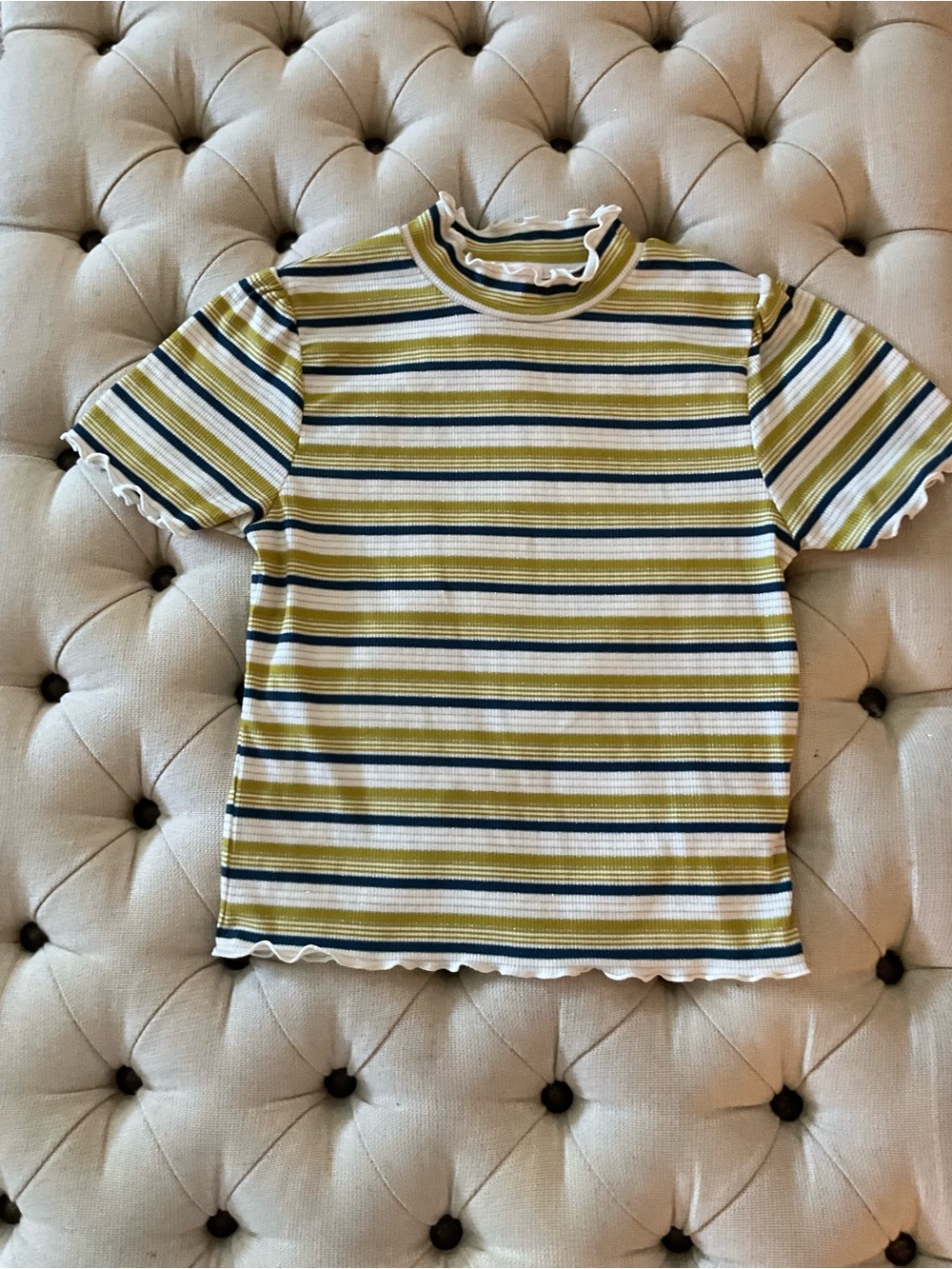 Franki Girls Kids Striped Ruffle-Edge Tee - Gold , Navy & White Size 14